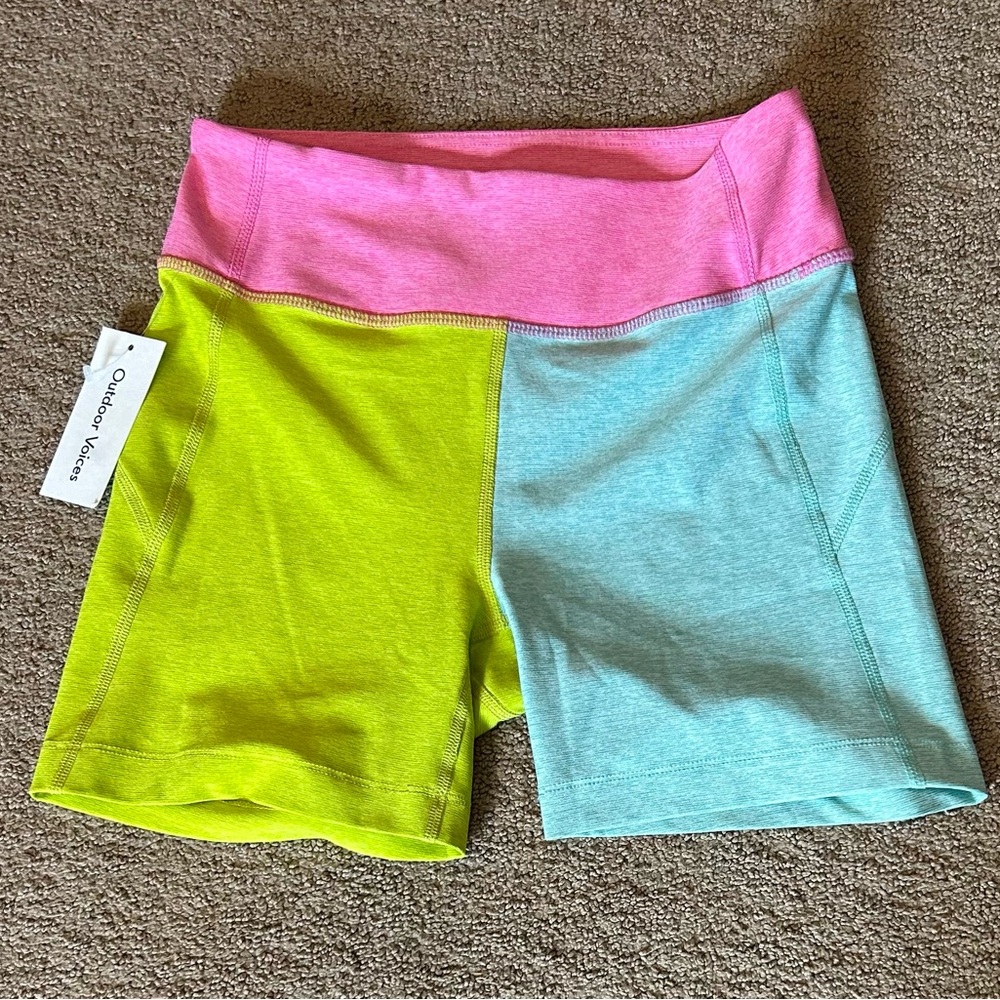 NWT 5” Warm-Up Bike Shorts Outdoor Voices Bubblegum Colorblock S Blue Green Pink
